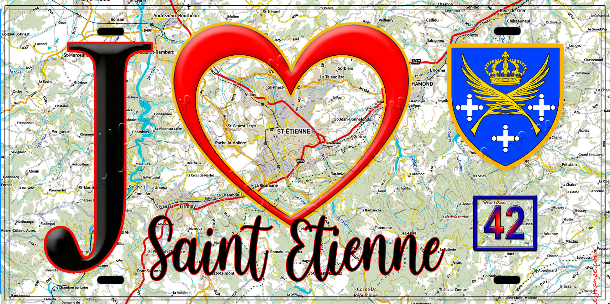 Plaque métal décorative, J' ❤️Saint Etienne, Loire (42) fond carte