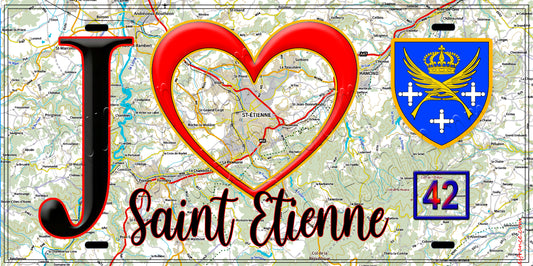 Plaque métal décorative, J' ❤️Saint Etienne, Loire (42) fond carte
