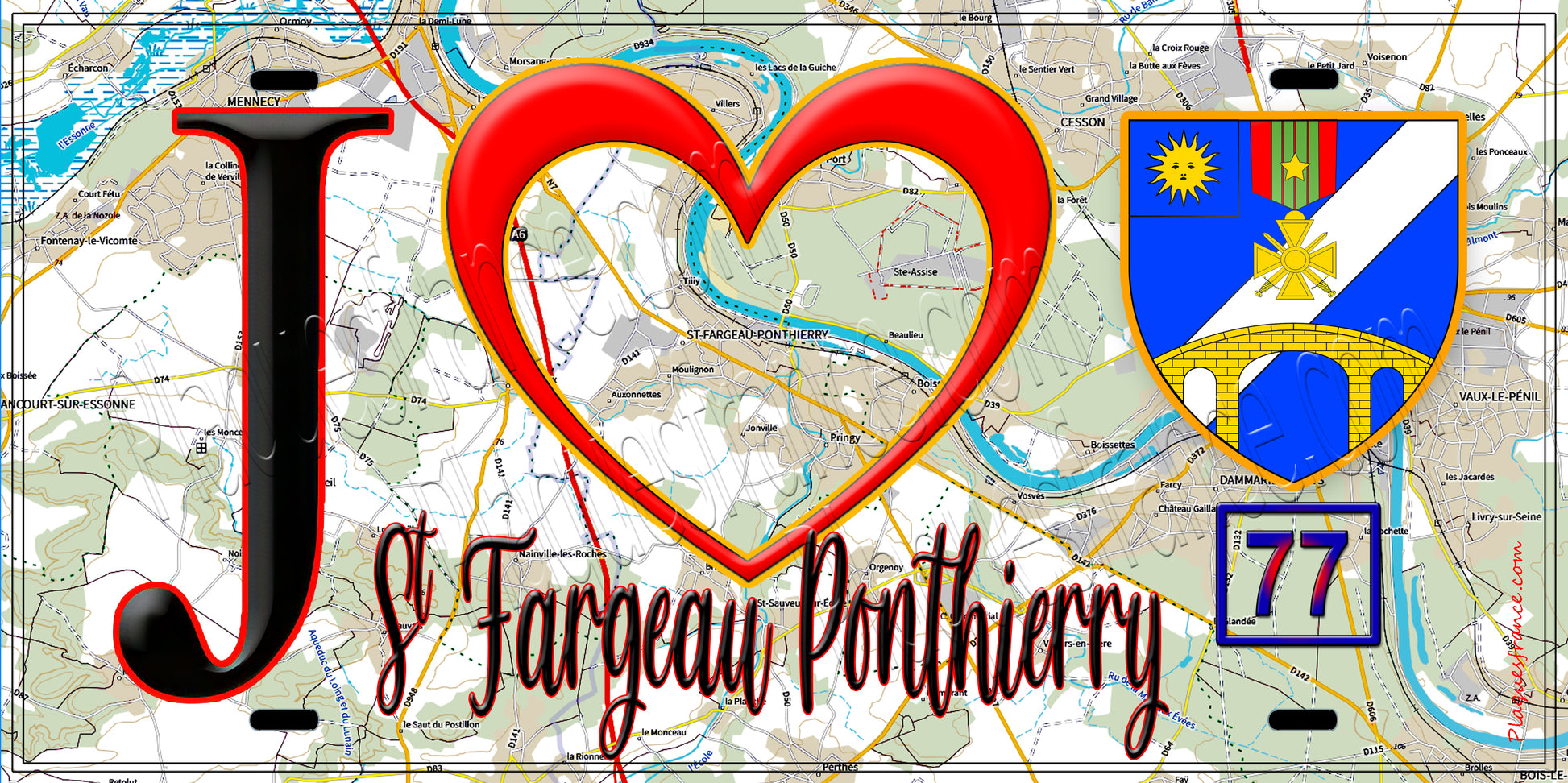 Plaque métal décorative  J' ❤️Saint-Fargeau-Ponthierry, Seine et Marne (77) fond carte