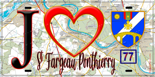 Plaque métal décorative  J' ❤️Saint-Fargeau-Ponthierry, Seine et Marne (77) fond carte