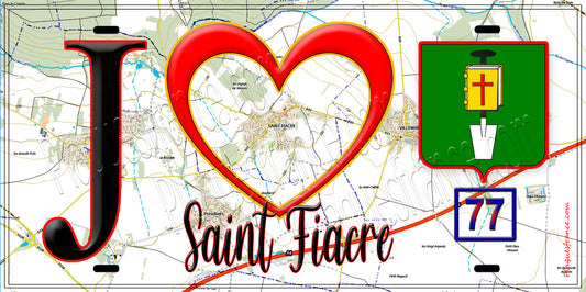 Plaque métal décorative  J' ❤️Saint-Fiacre, Seine et Marne (77) fond carte