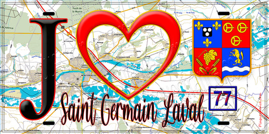 Plaque métal décorative  J' ❤️Saint-Germain-Laval, Seine et Marne (77) fond carte