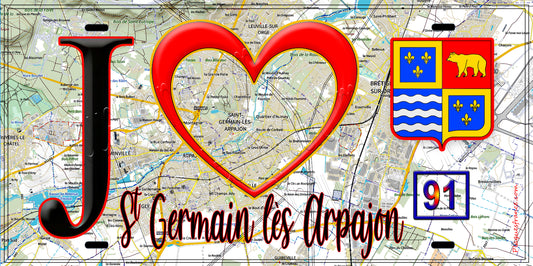 Plaque métal décorative  J' ❤️Saint-Germain-lès-Arpajon, Essonne (91) fond carte
