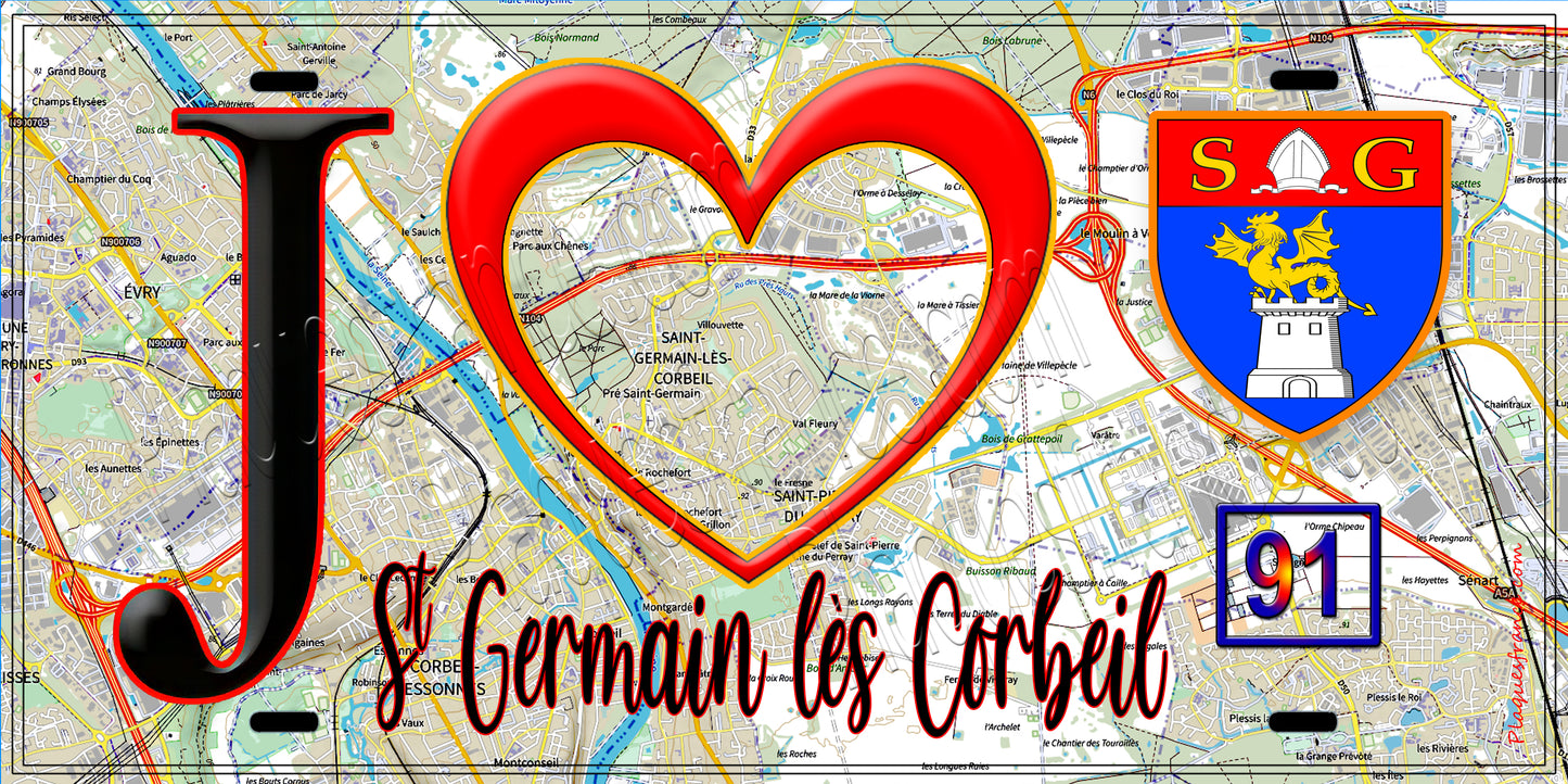 Plaque métal décorative  J' ❤️Saint-Germain-lès-Corbeil, Essonne (91) fond carte