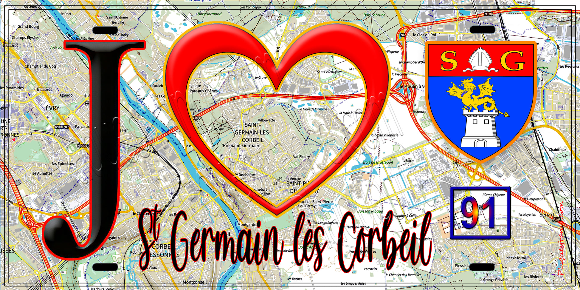 Plaque métal décorative  J' ❤️Saint-Germain-lès-Corbeil, Essonne (91) fond carte
