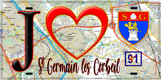 Plaque métal décorative  J' ❤️Saint-Germain-lès-Corbeil, Essonne (91) fond carte
