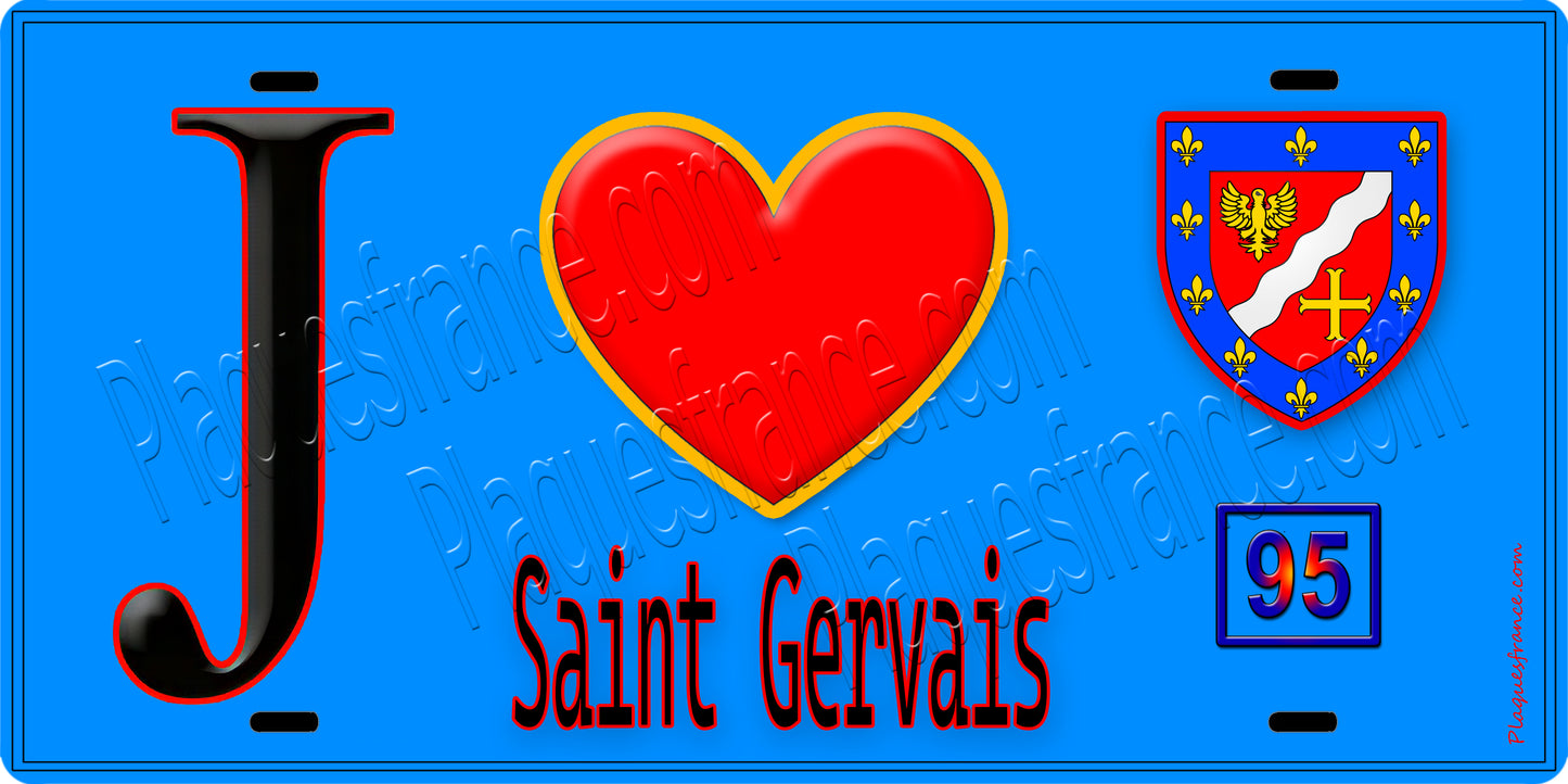Plaque métal décorative  J' ❤️Saint-Gervais, Val d'Oise (95) fond bleu