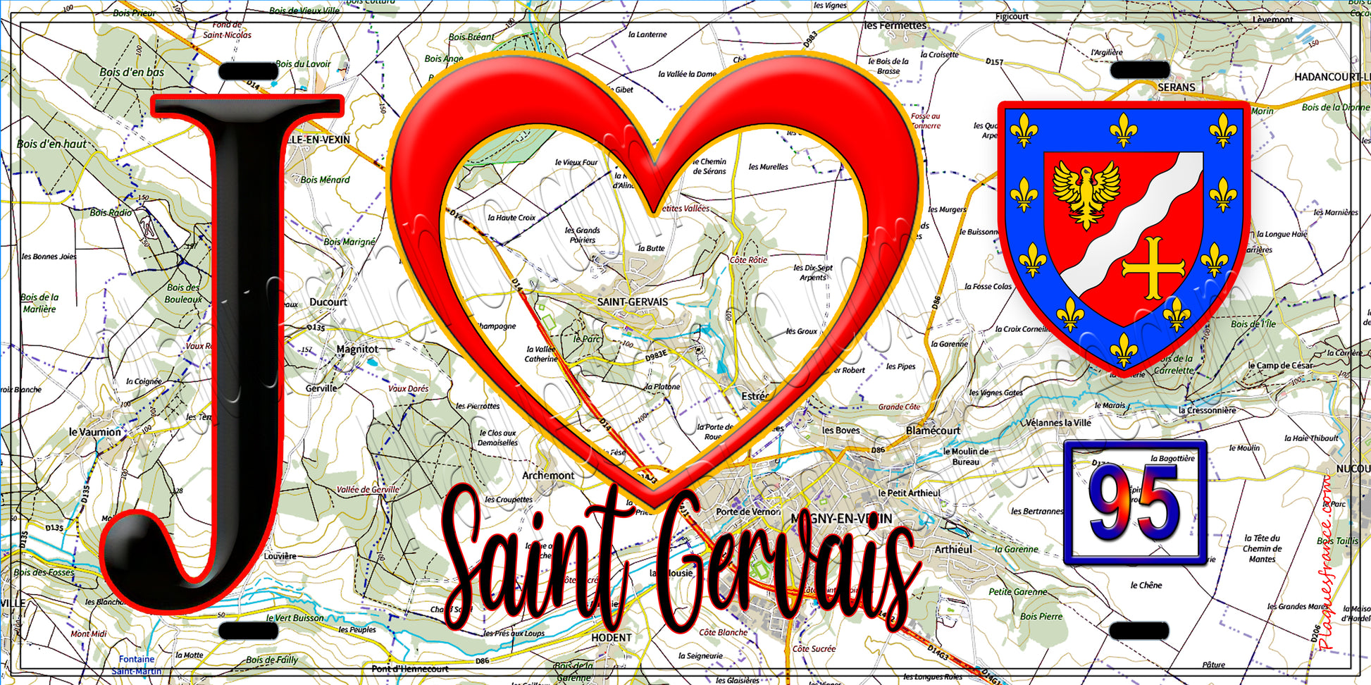 Plaque métal décorative  J' ❤️Saint-Gervais, Val d'Oise (95) fond carte