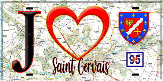 Plaque métal décorative  J' ❤️Saint-Gervais, Val d'Oise (95) fond carte