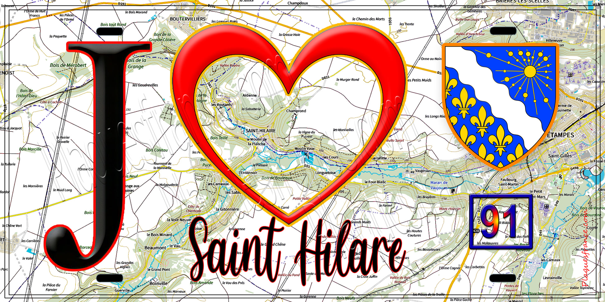 Plaque métal décorative  J' ❤️Saint-Hilaire, Essonne (91) fond carte