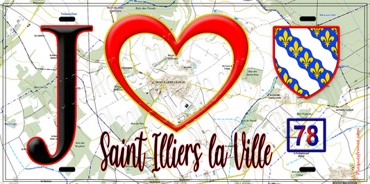 Plaque métal décorative  J' ❤️ Saint-Illiers-la-Ville, Yvelines (78) fond carte