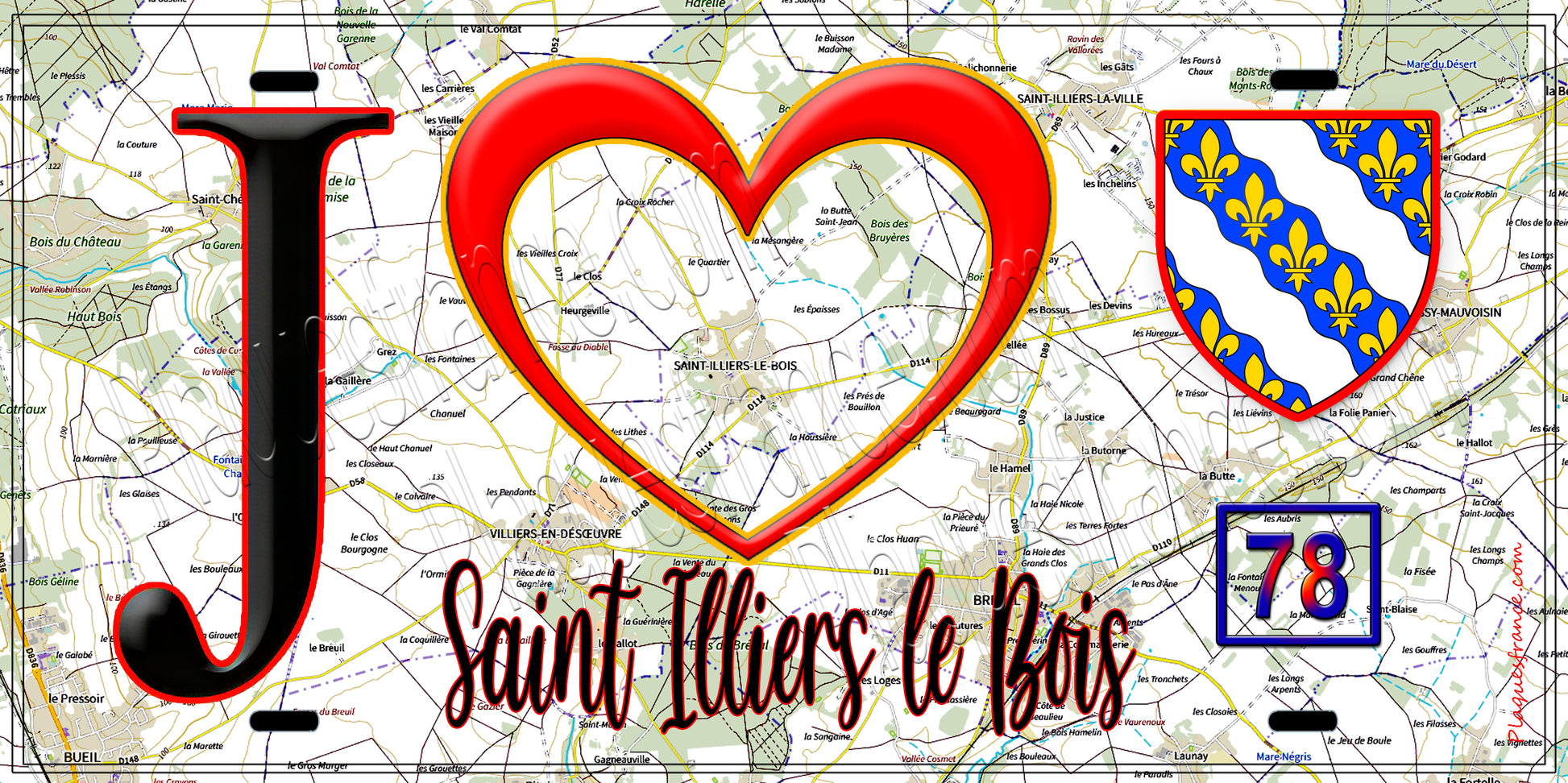Plaque métal décorative  J' ❤️ Saint-Illiers-le-Bois, Yvelines (78) fond carte