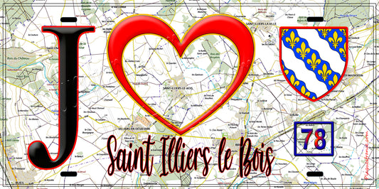 Plaque métal décorative  J' ❤️ Saint-Illiers-le-Bois, Yvelines (78) fond carte