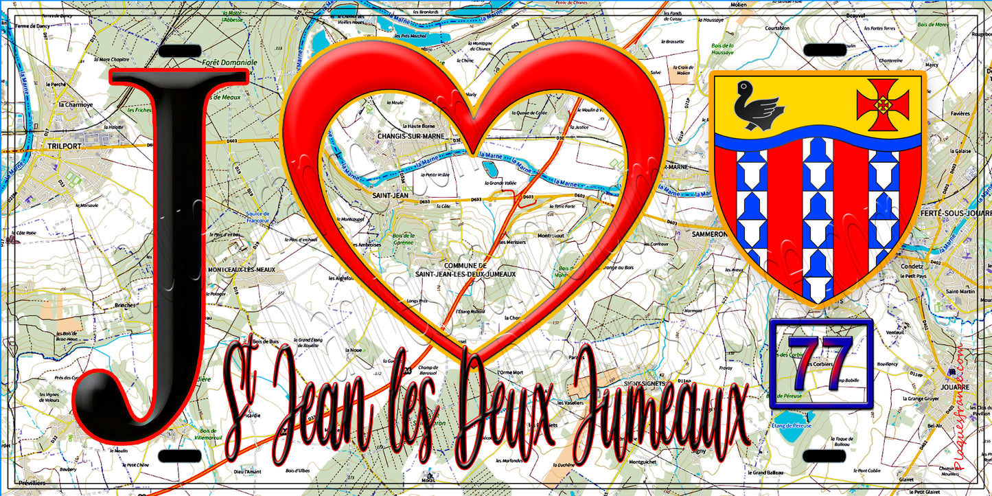 Plaque métal décorative  J' ❤️Saint-Jean-les-Deux-Jumeaux, Seine et Marne (77) fond carte