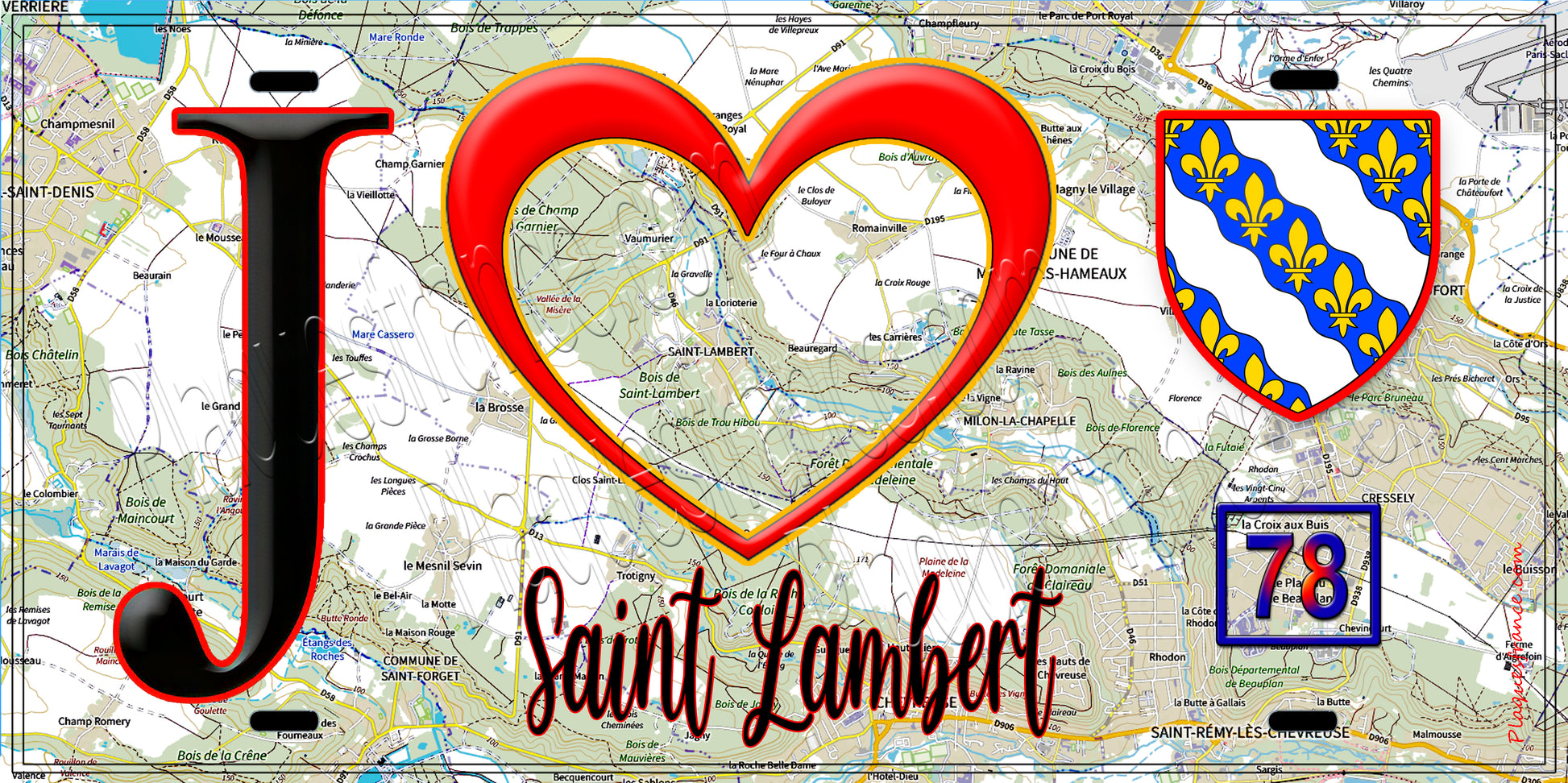 Plaque métal décorative  J' ❤️ Saint-Lambert, Yvelines (78) fond carte