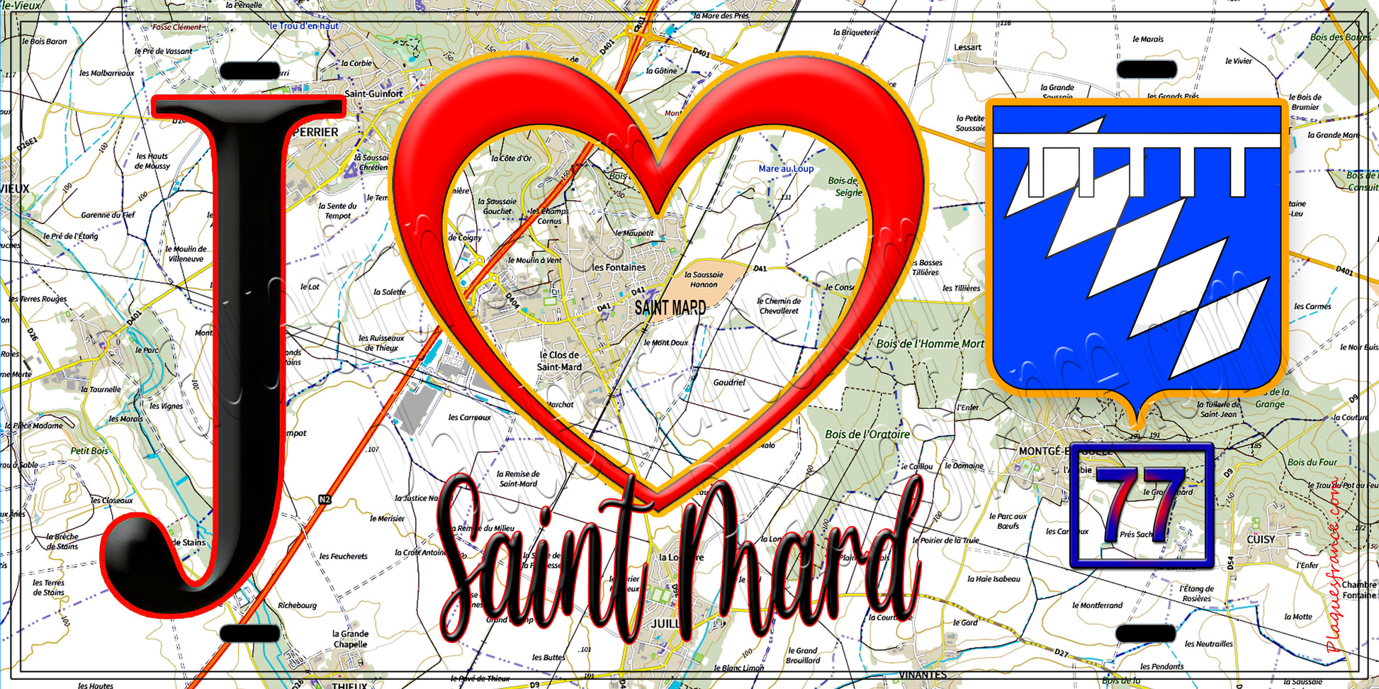 Plaque métal décorative  J' ❤️Saint-Mard, Seine et Marne (77) fond carte