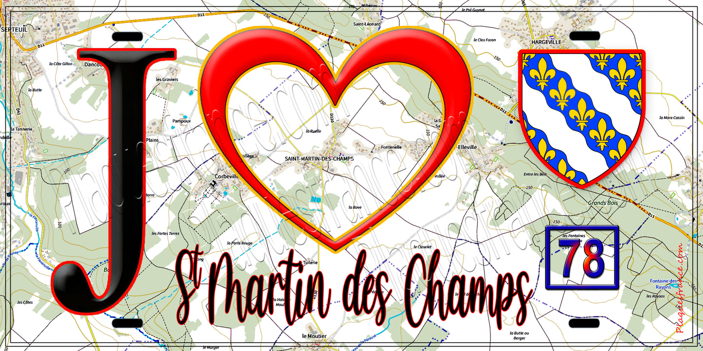 Plaque métal décorative  J' ❤️ Saint-Martin-des-Champs, Yvelines (78) fond carte