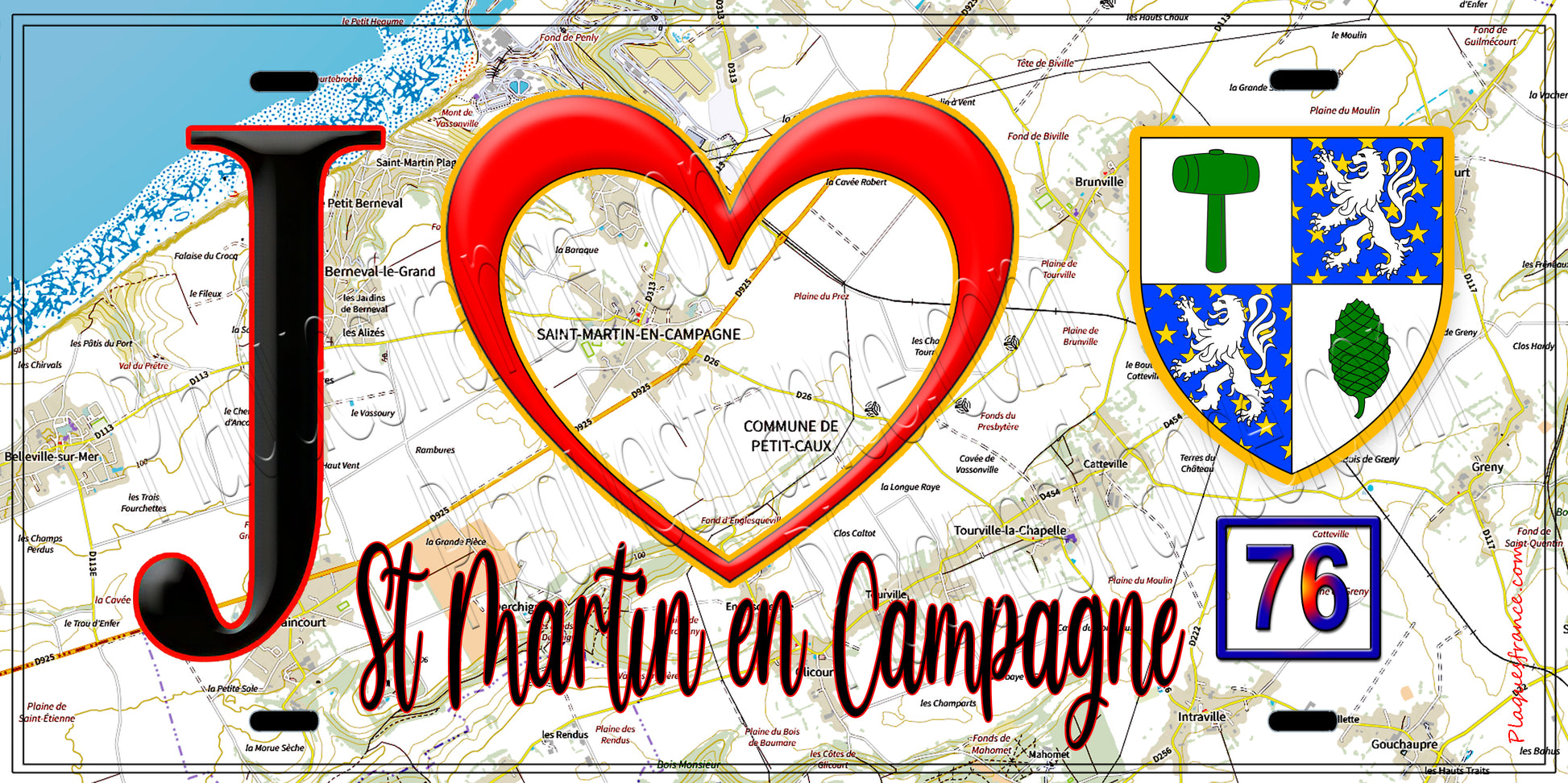 Plaque métal décorative  J' ❤️ Saint-Martin-en-Campagne, Seine Maritime (76) fond carte