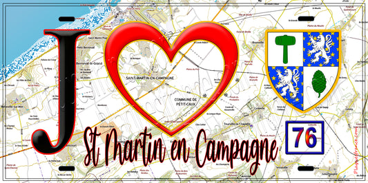 Plaque métal décorative  J' ❤️ Saint-Martin-en-Campagne, Seine Maritime (76) fond carte