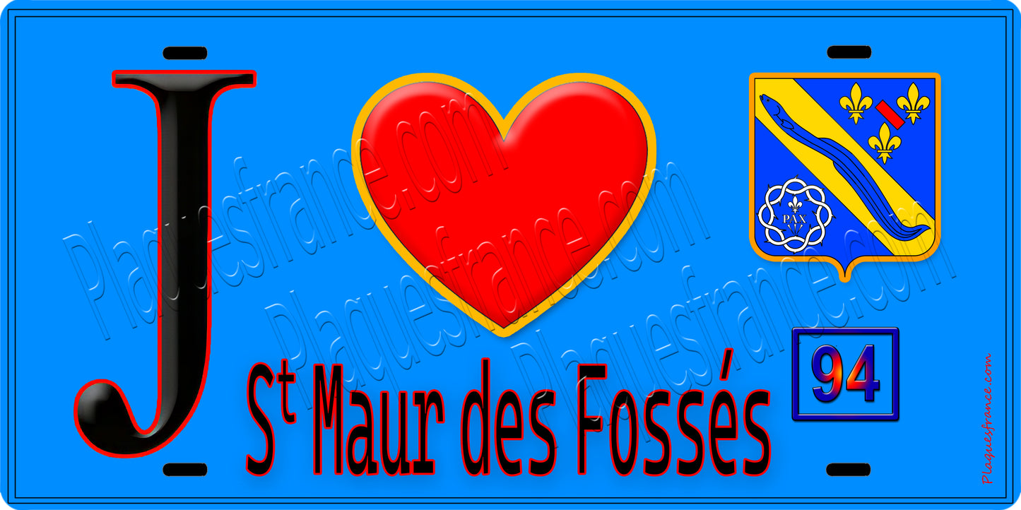 Plaque métal décorative  J' ❤️Saint-Maur-des-Fossés, Val de Marne (94) fond bleu