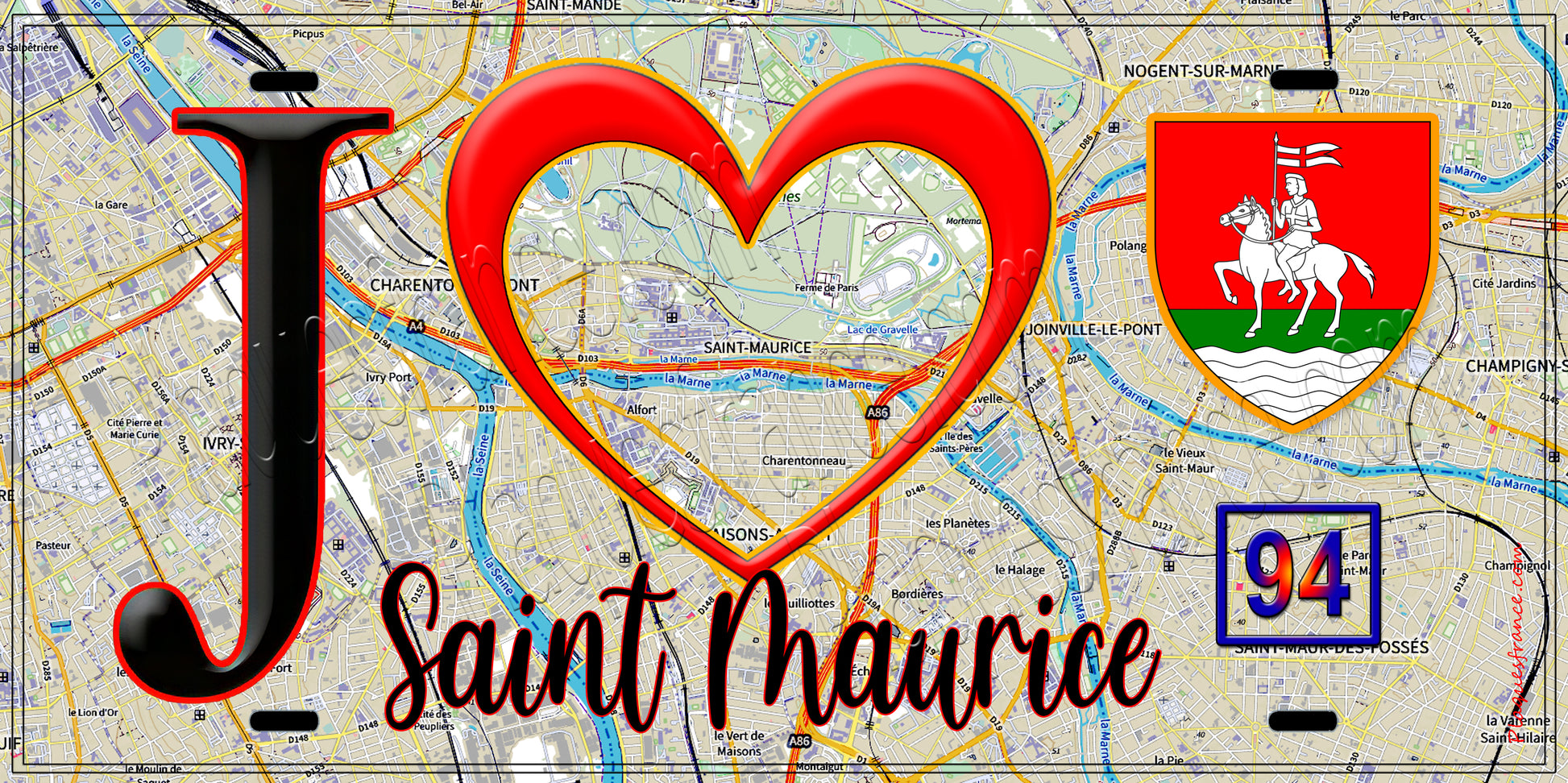 Plaque métal décorative  J' ❤️Saint-Maurice, Val de Marne (94) fond carte