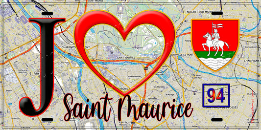 Plaque métal décorative  J' ❤️Saint-Maurice, Val de Marne (94) fond carte