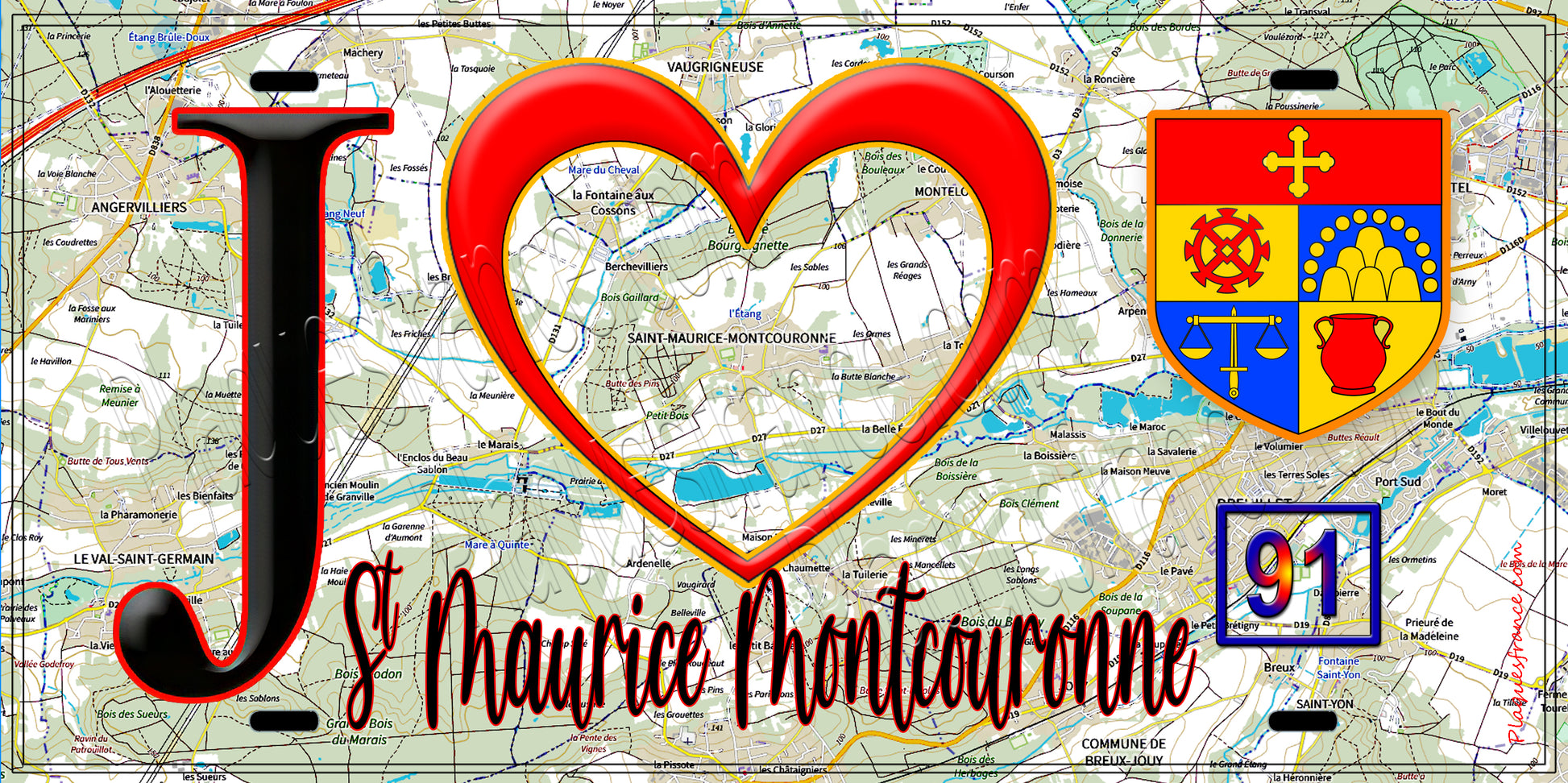 Plaque métal décorative  J' ❤️Saint-Maurice-Montcouronne, Essonne (91) fond carte