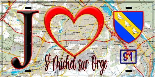 Plaque métal décorative  J' ❤️Saint-Michel-sur-Orge, Essonne (91) fond carte