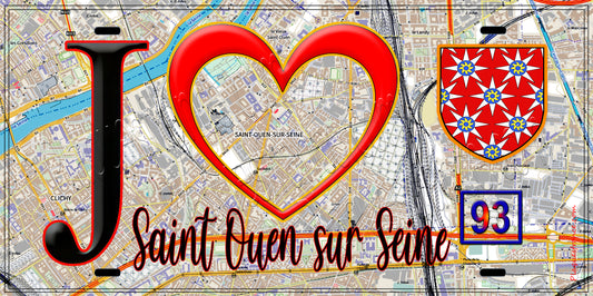 Plaque métal décorative  J' ❤️Saint-Ouen-sur-Seine, Seine Saint Denis (93) fond carte