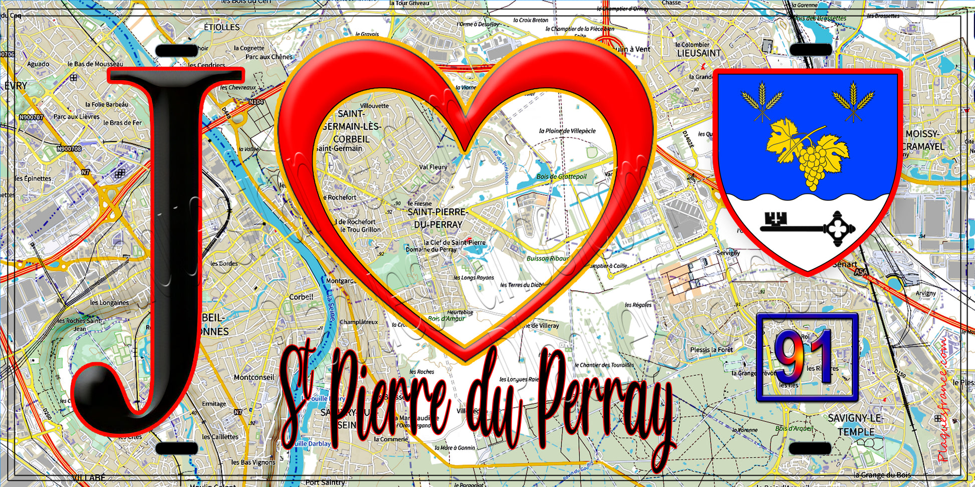 Plaque métal décorative  J' ❤️Saint-Pierre-du-Perray, Essonne (91) fond carte