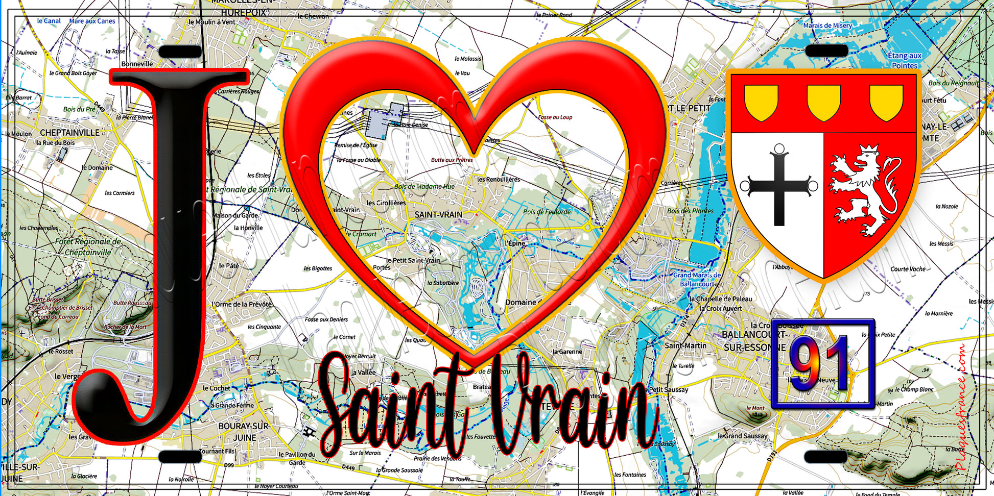 Plaque métal décorative  J' ❤️Saint-Vrain, Essonne (91) fond carte