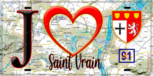 Plaque métal décorative  J' ❤️Saint-Vrain, Essonne (91) fond carte