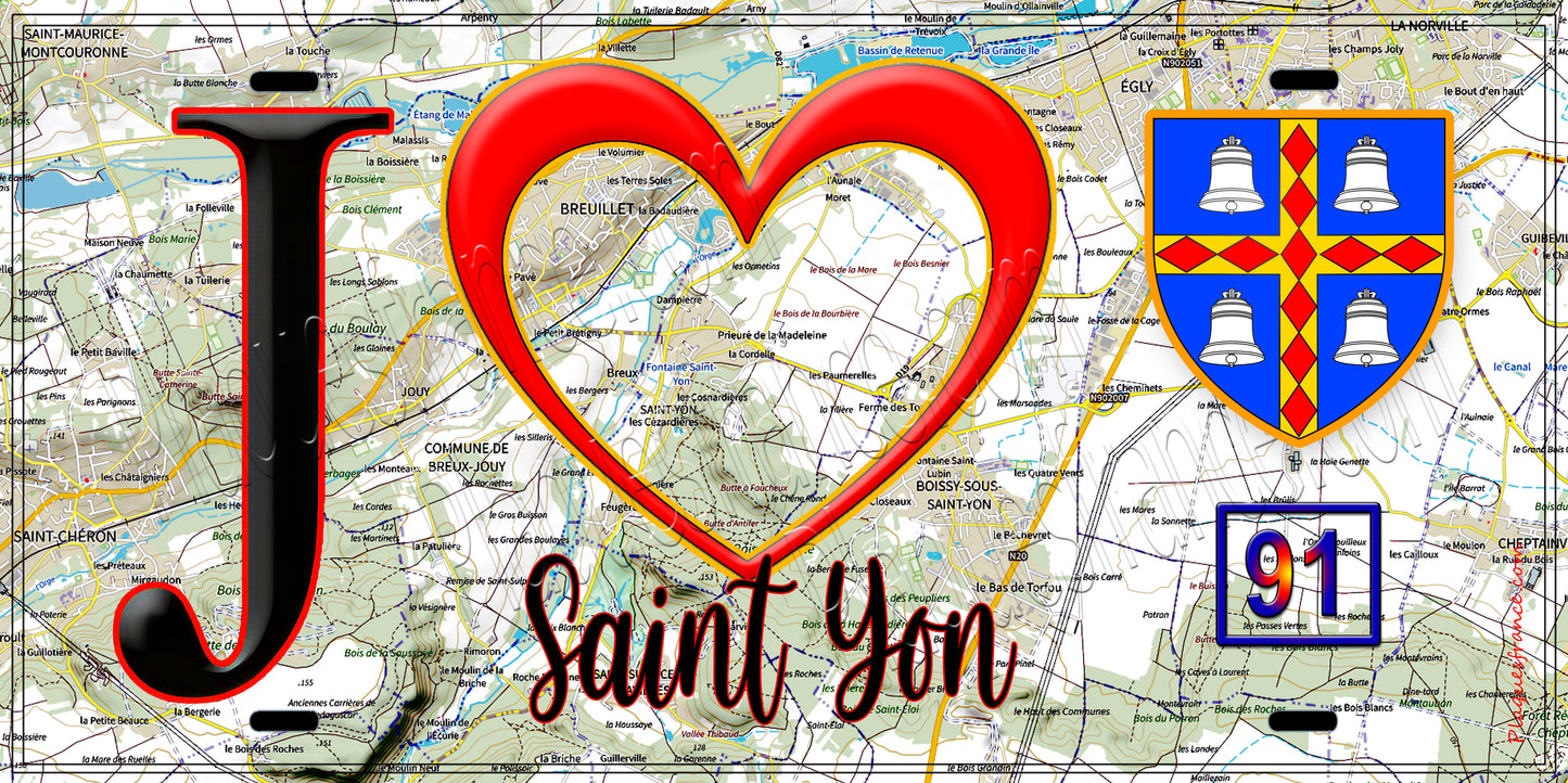 Plaque métal décorative  J' ❤️Saint-Yon, Essonne (91) fond carte
