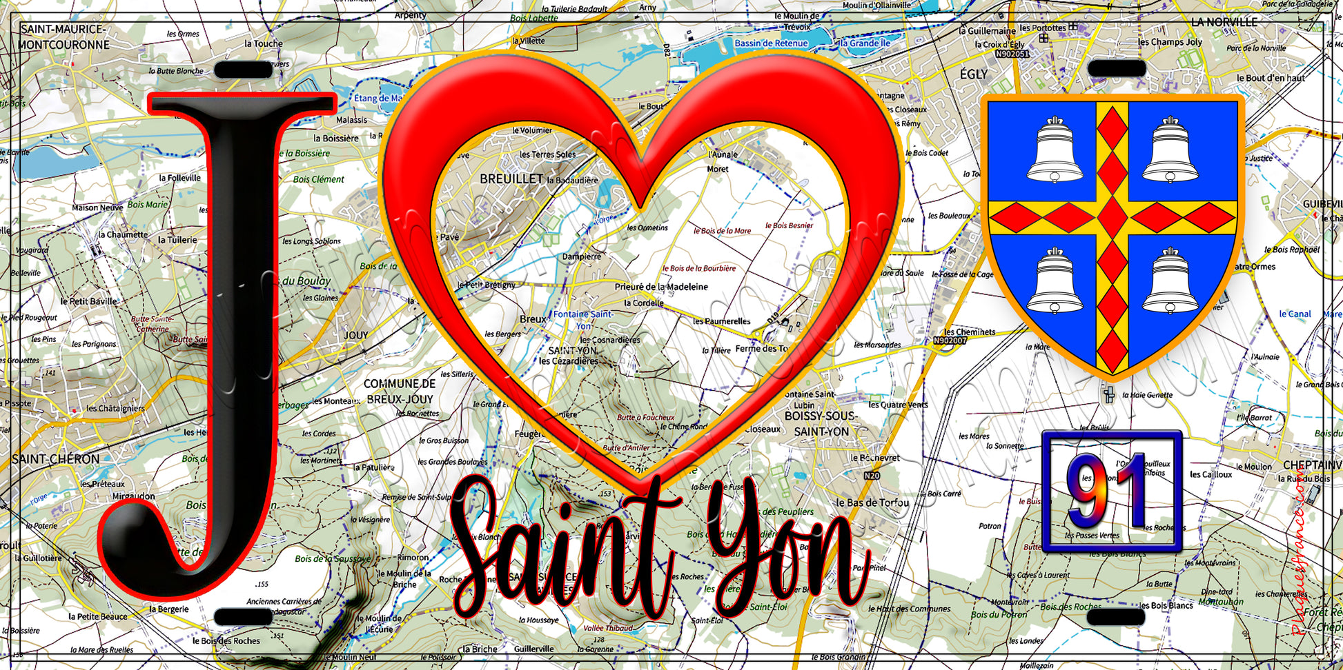 Plaque métal décorative  J' ❤️Saint-Yon, Essonne (91) fond carte