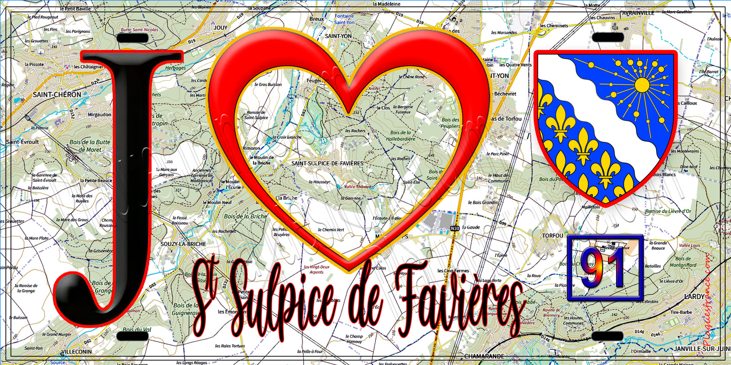 Plaque métal décorative  J' ❤️Saint-Sulpice-de-Favières, Essonne (91) fond carte
