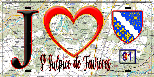 Plaque métal décorative  J' ❤️Saint-Sulpice-de-Favières, Essonne (91) fond carte