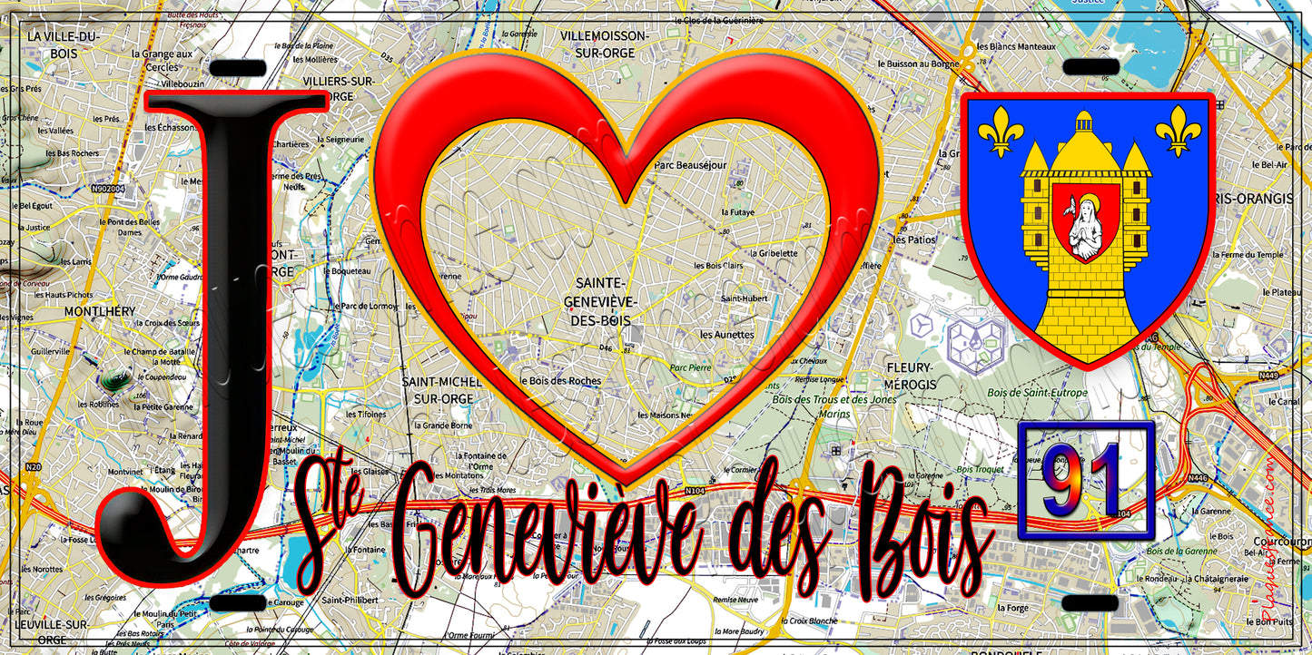 Plaque métal décorative  J' ❤️Sainte-Geneviève-des-Bois, Essonne (91) fond carte