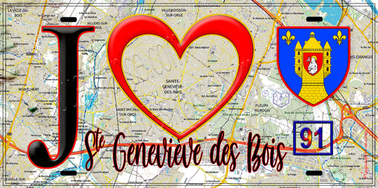 Plaque métal décorative  J' ❤️Sainte-Geneviève-des-Bois, Essonne (91) fond carte