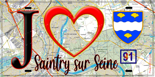 Plaque métal décorative  J' ❤️Saintry-sur-Seine, Essonne (91) fond carte