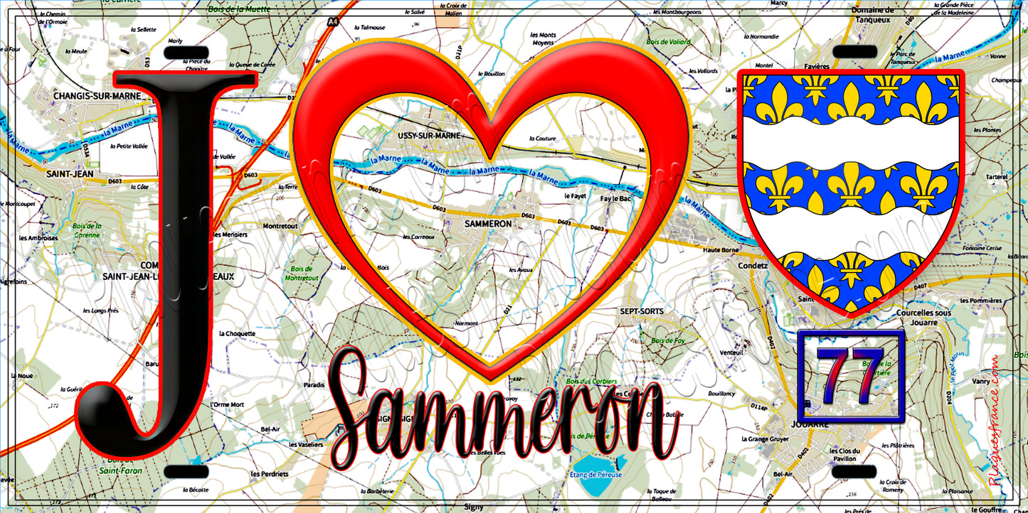 Plaque métal décorative  J' ❤️Sammeron, Seine et Marne (77) fond carte