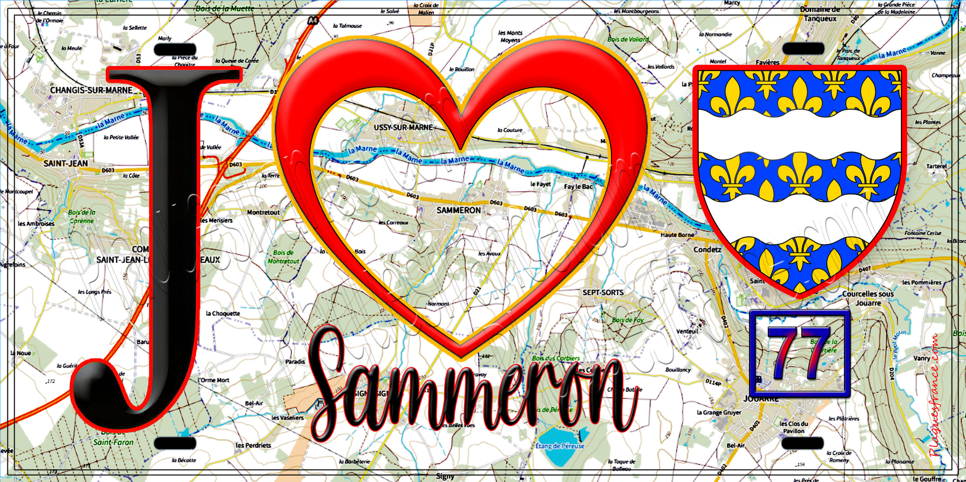 Plaque métal décorative  J' ❤️Sammeron, Seine et Marne (77) fond carte