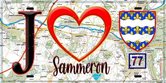Plaque métal décorative  J' ❤️Sammeron, Seine et Marne (77) fond carte