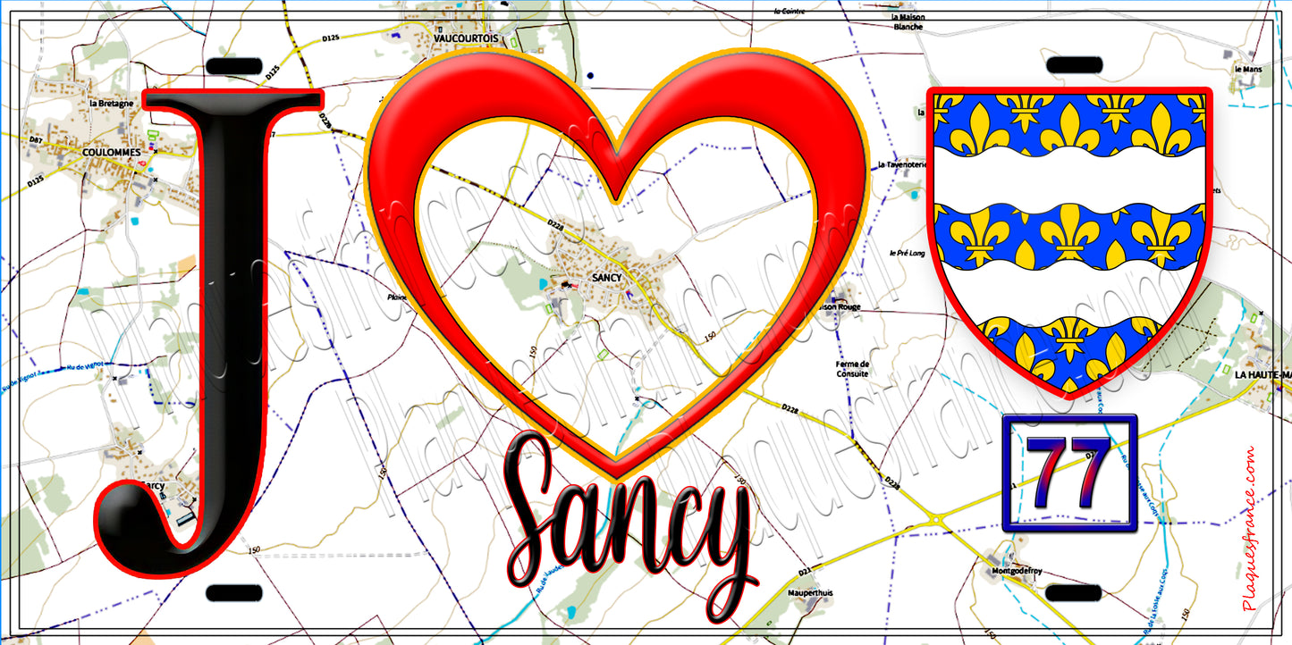Plaque métal décorative  J' ❤️Sancy, Seine et Marne (77) fond carte