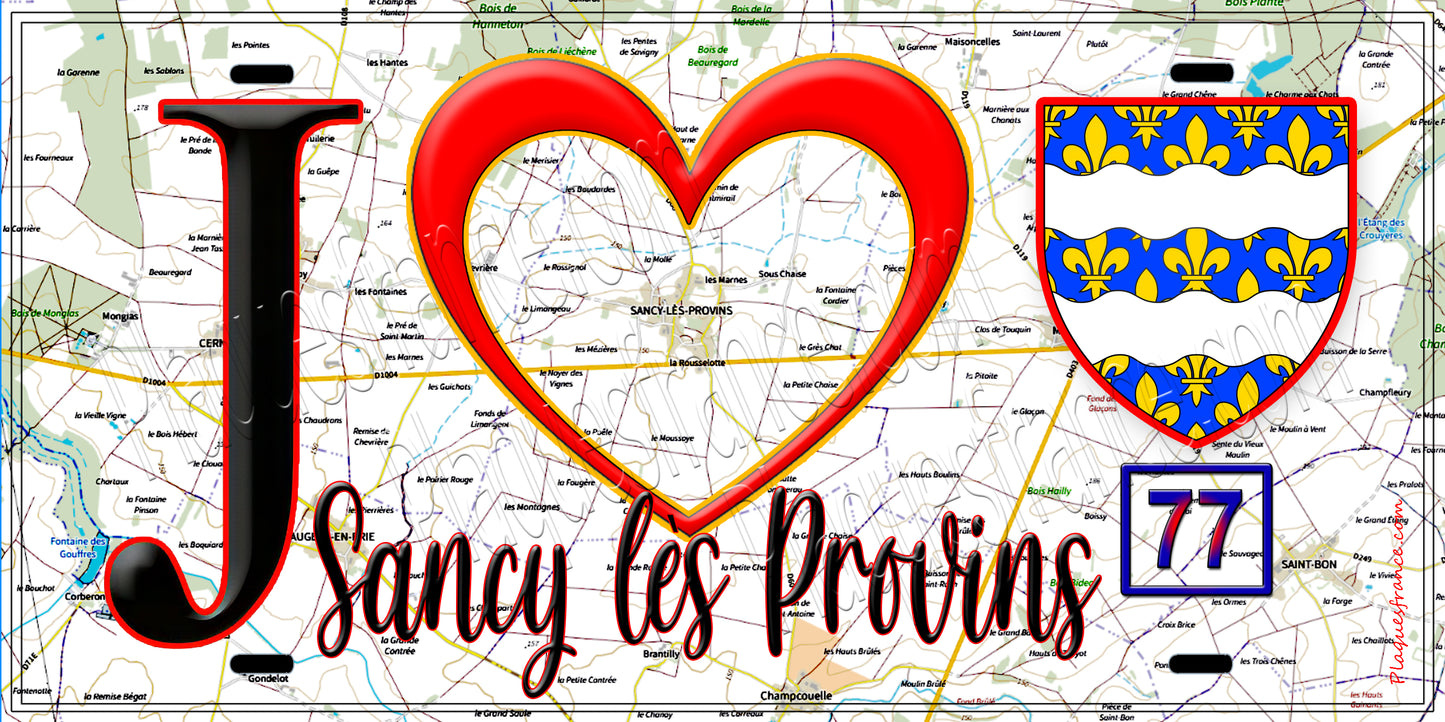 Plaque métal décorative  J' ❤️Sancy-lès-Provins, Seine et Marne (77) fond carte