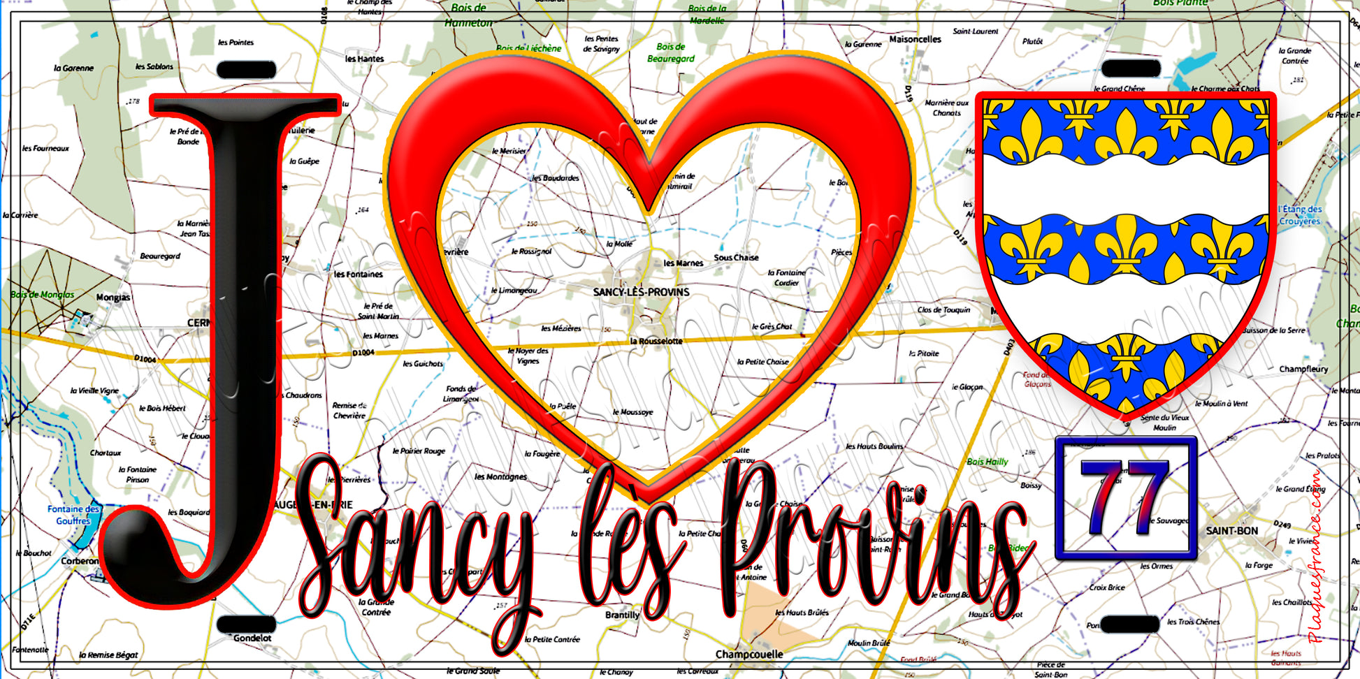 Plaque métal décorative  J' ❤️Sancy-lès-Provins, Seine et Marne (77) fond carte