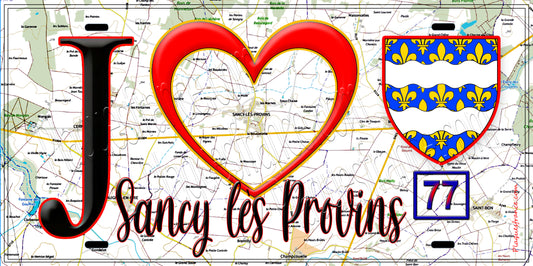 Plaque métal décorative  J' ❤️Sancy-lès-Provins, Seine et Marne (77) fond carte
