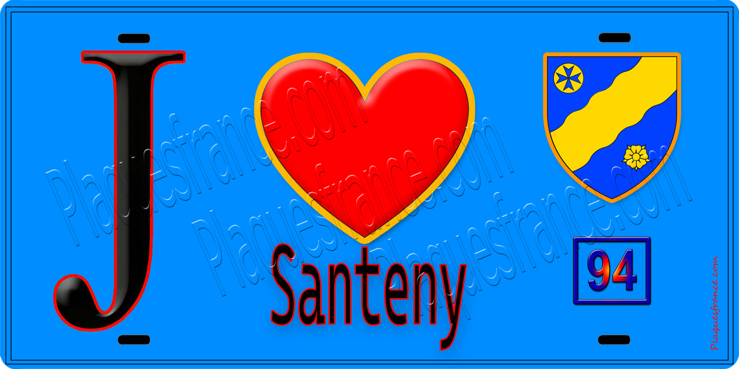 Plaque métal décorative  J' ❤️Santeny, Val de Marne (94) fond bleu