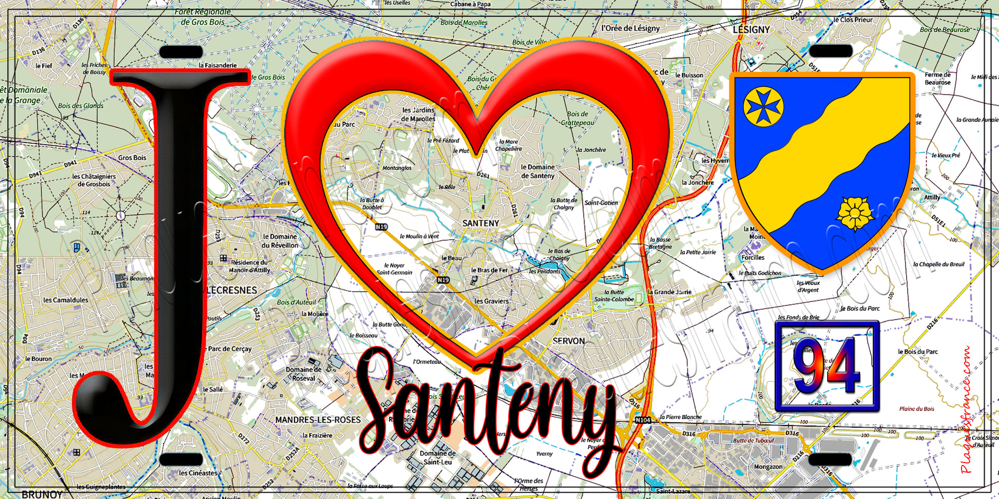 Plaque métal décorative  J' ❤️Santeny, Val de Marne (94) fond carte