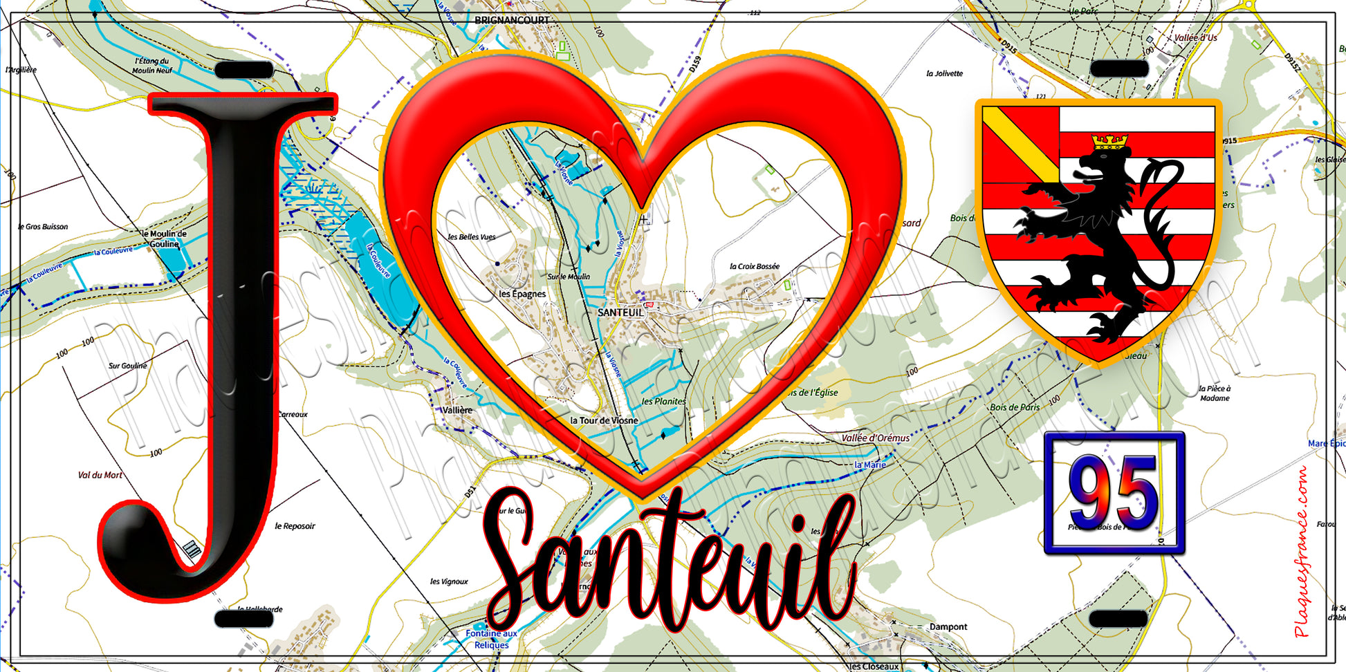 Plaque métal décorative  J' ❤️Santeuil, Val d'Oise (95) fond carte