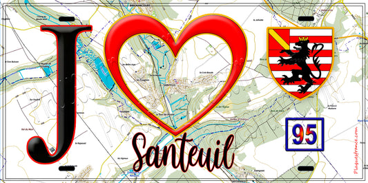 Plaque métal décorative  J' ❤️Santeuil, Val d'Oise (95) fond carte